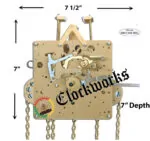 Dimension reference image of a Hermle 451-053 Westminster chime clock movement showing eight rear hammers and suspension bridge configuration.