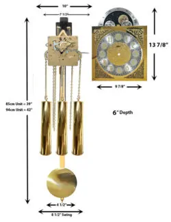 Product specification diagram of the GMKIT2 Westminster chime grandmother clock kit showing moon dial size, movement layout, weights, pendulum, and required clearances.