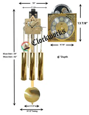 Dimensioned diagram of the GMKIT2 Westminster chime grandmother clock kit with moon dial, chain-driven movement, weights, pendulum, and case fit measurements.