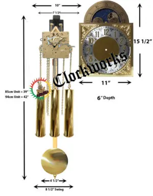 Diagram of a Westminster Grandmother Clock Kit with moon phase dial, chain-driven movement, weights, pendulum, and labeled dimensions.