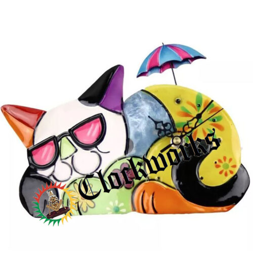 Painted Metal Cat Clock with Moving Umbrella