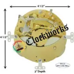 Hermle 132-071 ships bell clock movement shown with measurement arrows indicating minimum case width, height, and depth requirements.