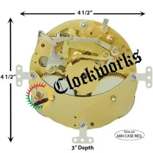 Hermle 132-071 ships bell clock movement shown with measurement arrows indicating minimum case width, height, and depth requirements.