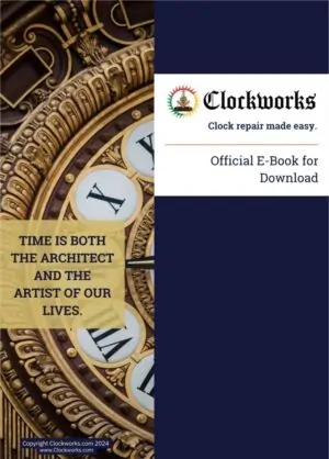Clockworks E-Book promotional graphic with ornate clock dial, inspirational quote, and download information.
