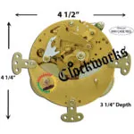 Diagram showing minimum width, height, and depth required to install a Hermle 131-070 round clock movement in a clock case.