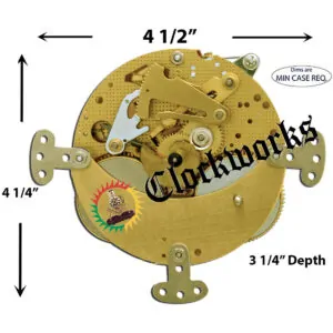 Diagram showing minimum width, height, and depth required to install a Hermle 131-070 round clock movement in a clock case.