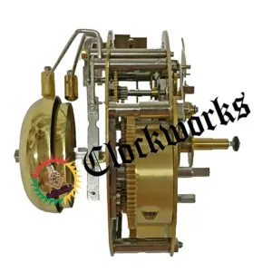 Side view of Hermle 131-070 clock movement showing brass bell, stacked plates, exposed gears, and strike mechanism.