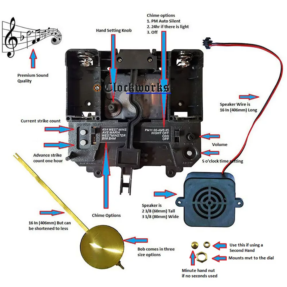 RHYTHM Quartz Battery Clock Movement 10 Melody Tubular Bell Chime SCROLL HANDS 