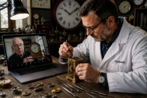 Clock repair specialist working on a mechanical clock movement during a Zoom consultation while an elderly client shows his mantel clock on a laptop video call.