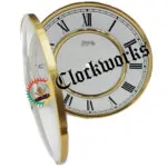 8 inch Roman numeral clock dial with brass bezel and hinged glass opened at an angle