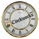 Front view of 8 inch Roman numeral clock dial with brass hinged bezel and glass
