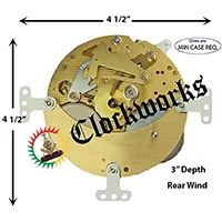 Case dimension diagram of a 130/131 Hermle rear-wind clock movement showing width, height, and depth measurements.