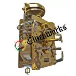 Right-side angled image of a Hermle 140/141 mechanical clock movement showing gears, bell, and strike components.