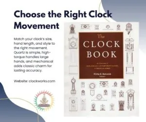 choose the right clock movement guide by Clockworks showing illustrated clocks and book cover of The Clock Book