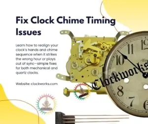 fix clock chime timing issues guide by Clockworks showing mechanical movement and clock dial illustration