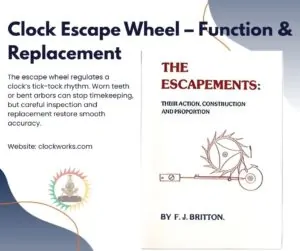 clock escape wheel replacement guide by Clockworks showing escapement diagram and F.J. Britton book cover