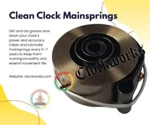 clean clock mainsprings guide by Clockworks showing coiled mainspring barrel close-up