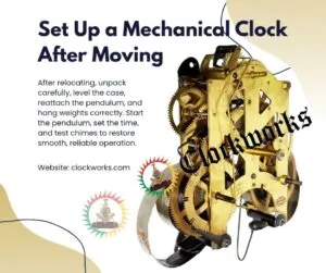 set up a mechanical clock after moving guide by Clockworks showing brass clock movement with gears and pendulum parts