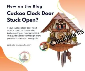 Image of a chalet-style cuckoo clock with the bird door open, showing carved wood details, figurines, and hanging pinecone weights beneath the case.