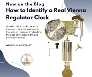 Exploded-view photo of a Vienna regulator clock showing the dial, brass movement, pendulum, weights, and accessories used to illustrate authentic regulator components.