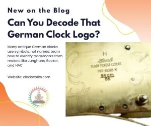 Promotional image for Clockworks blog featuring the engraved backplate of a German Black Forest clock marked with factory logos and serial details, introducing a guide on decoding antique German clockmaker trademarks.