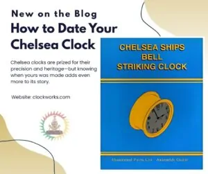Promotional image for the Chelsea Clock Dating Guide featuring a blue and yellow cover reading “Chelsea Ships Bell Striking Clock” with an illustration of a brass ship’s bell clock.