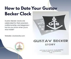 Promotional image for the Gustav Becker Clock Dating Guide featuring the GB anchor logo and text “Gustav Becker Story” on a white background.