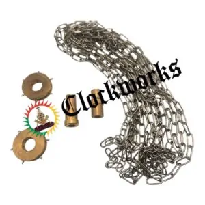 Angled photo of continuous chain conversion kit for clocks with brass hubs, chain wheels, and replacement chain.