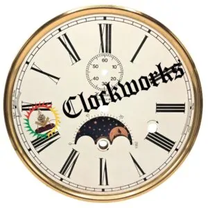 This image shows a new old stock Kieninger RWS series clock dial featuring a white background, bold Roman numerals, and a polished gold bezel. The dial includes a functional seconds-sweep track at the top and a detailed moon phase aperture at the bottom, displaying a starry night sky and partial lunar illustration. Four mounting holes and winding arbors are visible, indicating compatibility with RWS-series mechanical movements such as the RWS13. The dial’s clean layout and crisp printing reflect traditional German craftsmanship and make it ideal for collectors or those restoring vintage Kieninger clocks. The photograph clearly displays the front face of the dial, offering an accurate representation of its style, condition, and features for Clockworks customers.