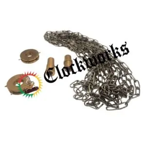 Angled photo of continuous chain conversion kit for clocks with brass hubs, chain wheels, and replacement chain.